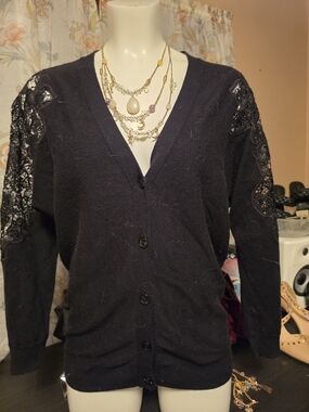 Massimo Dutti Black Lace-Shoulder Button Cardigan